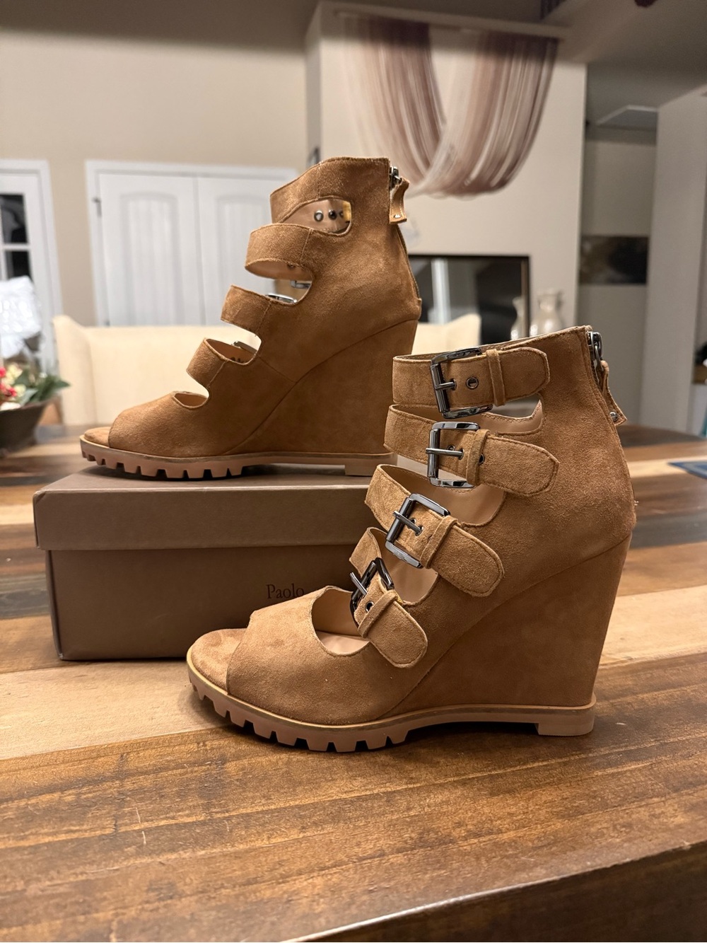 Linea Paolo Wisteria-L Tan Suede Strappy Wedge Sandals